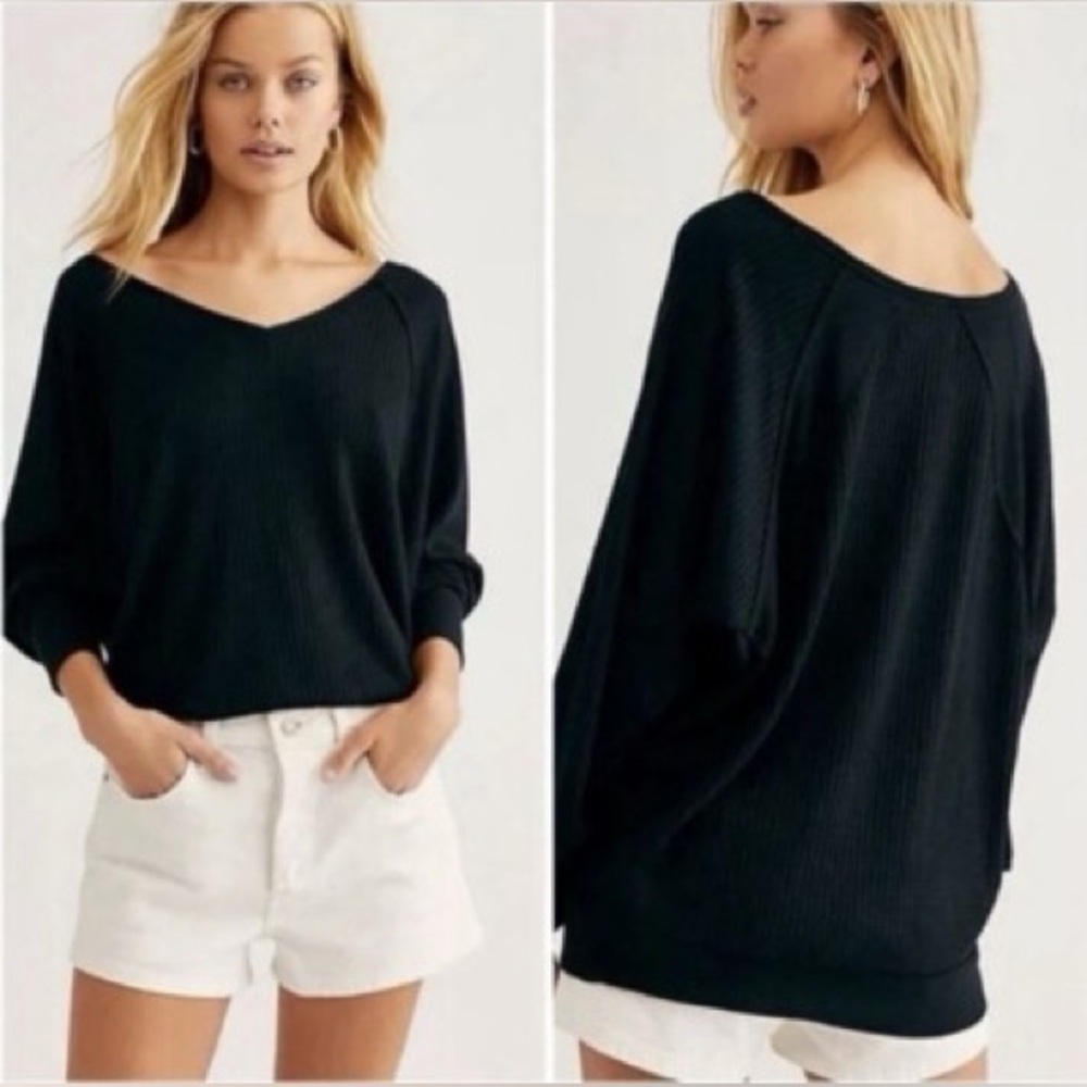 Free People We the Free Santa Clara Thermal Pulliver Black V-Neck NWOT XS